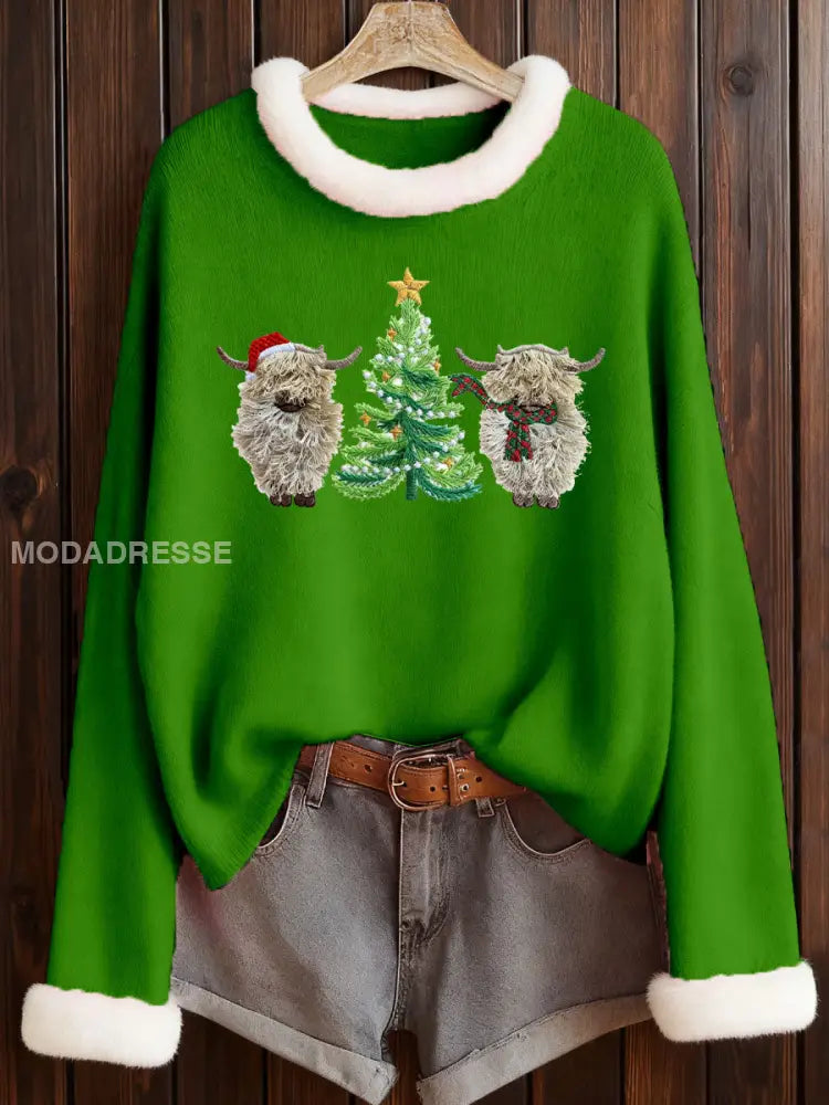 Kvinnors jul Highland Cow Print Topp grön. / S