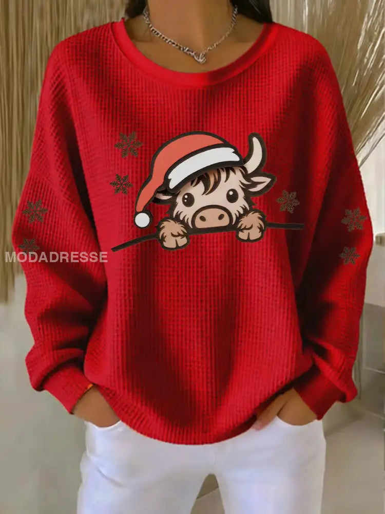 Kvinnors jul Highland Cow Print Topp röd / S