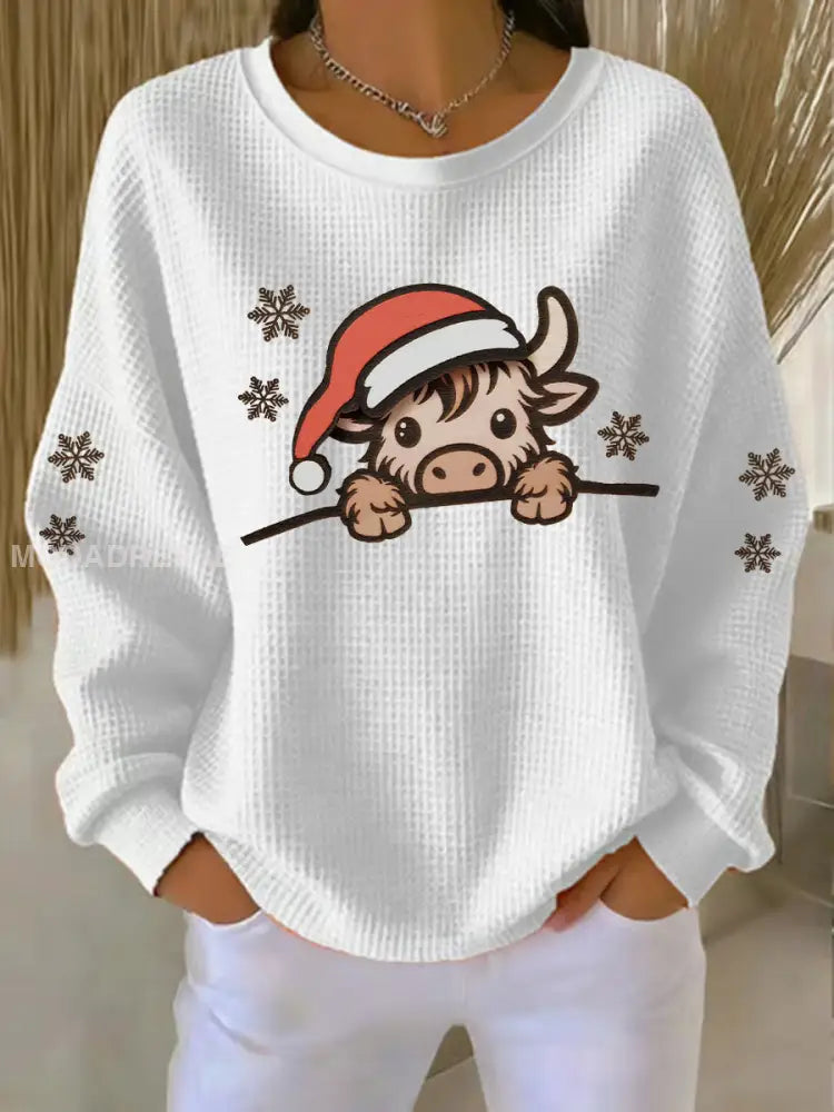 Kvinnors jul Highland Cow Print Topp vit / S