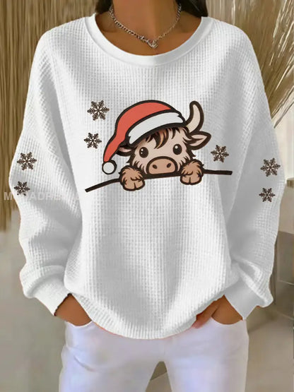 Kvinnors jul Highland Cow Print Topp vit / S