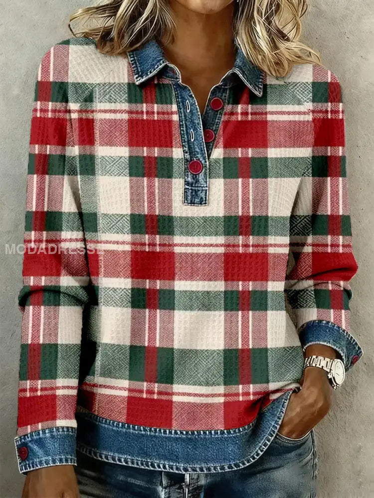 Kvinnors jul Inspirerad Plaid Mönster Mönster Konst Våffle Topp som bild / S