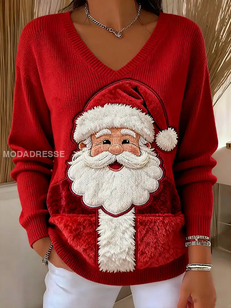 Kvinnors jul jultomten konst V-hals Ribbed topp röd / S