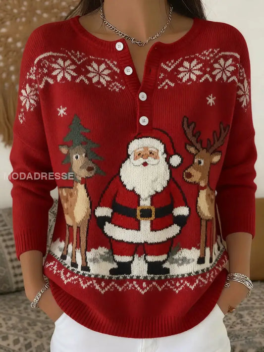 Kvinnors jul jultomten och renar Skriv ut Casual knappar lång ärm topp röd / S