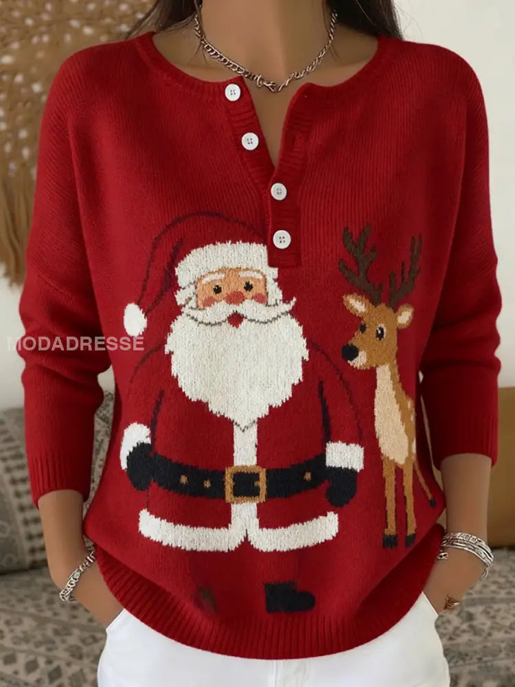 Kvinnors jul jultomten och renar Skriv ut Casual knappar lång ärm topp röd / S