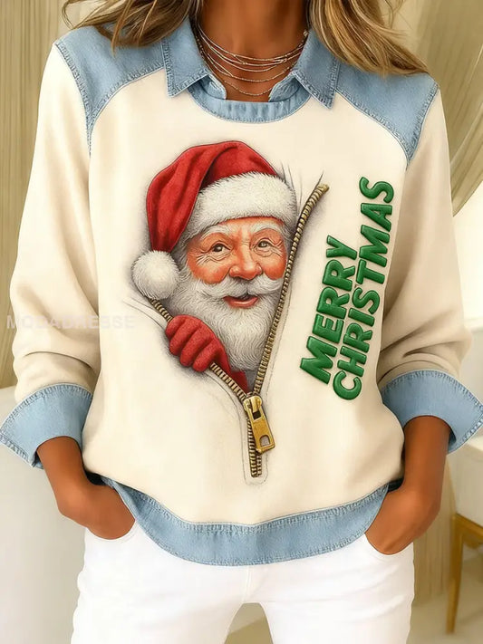 Kvinnors jul jultomten Print Patchwork Casual Sweatshirt bäie / S
