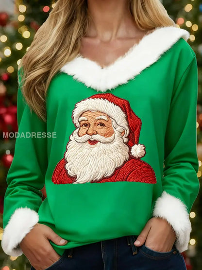 Kvinnors jul jul jultomten Skriv ut Casual Fur-Collar topp grön / S