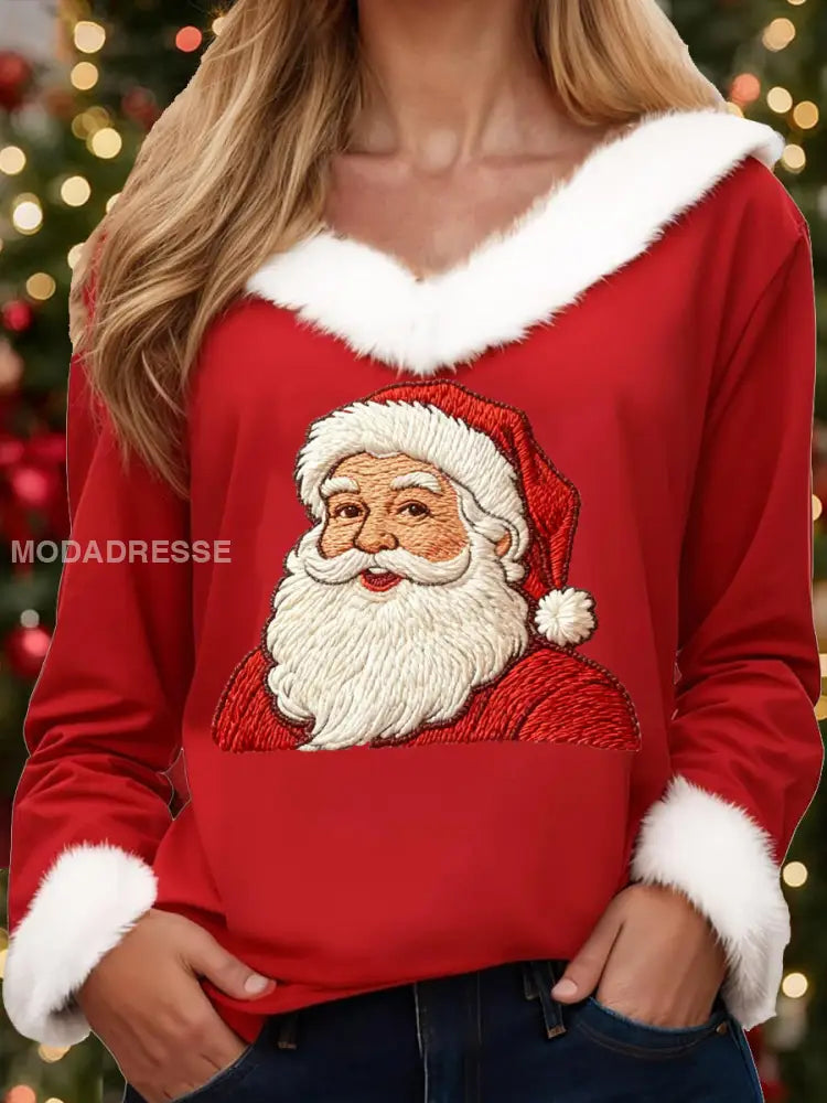 Kvinnors jul jul jultomten Skriv ut Casual Fur-Collar topp röd / S