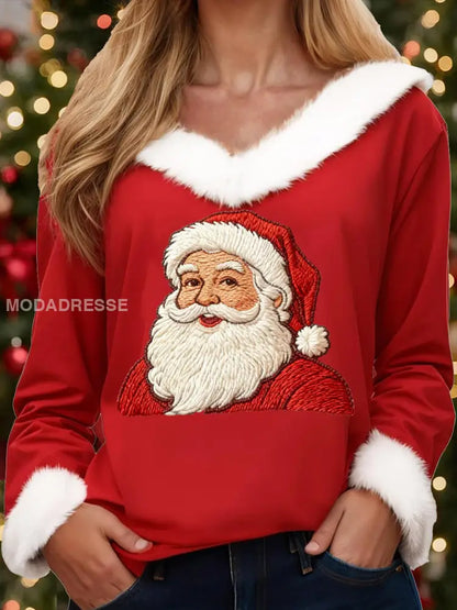 Kvinnors jul jul jultomten Skriv ut Casual Fur-Collar topp röd / S