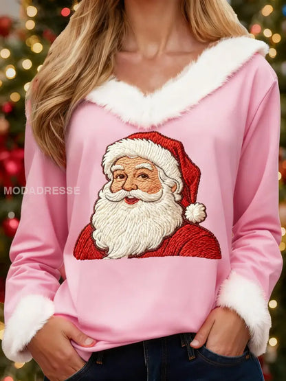 Kvinnors jul jul jultomten Skriv ut Casual Fur-Collar topp runt / S