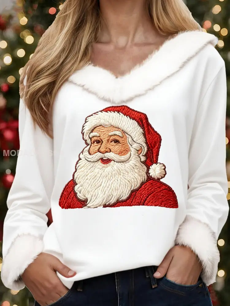 Kvinnors jul jul jultomten Skriv ut Casual Fur-Collar topp vit / S