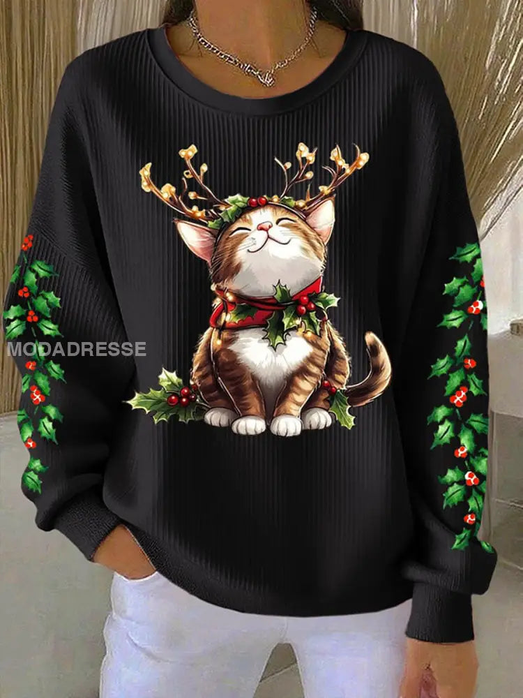 Kvinnors jul katttröjar svart / S