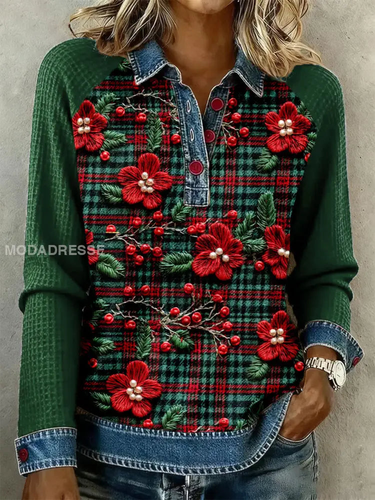 Kvinnors jul Plaid Floral Tops grön. / S