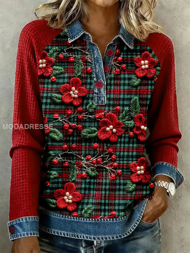Kvinnors jul Plaid Floral Tops röd / S