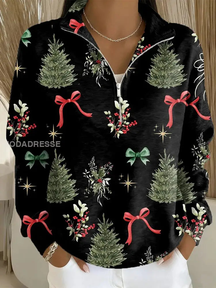 Kvinnors jul Print blixtlås Sweatshirts svart / S