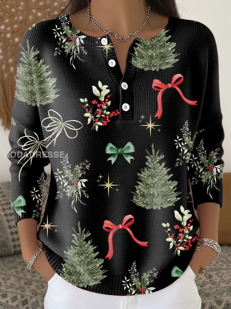 Kvinnors jul Print Casual Topp svart / S