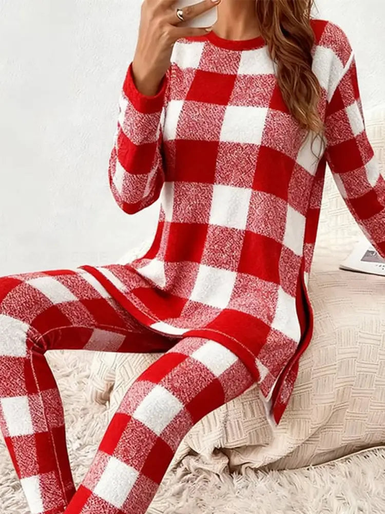 Kvinnors jul röd platt Print Casual Två-stycke kostym