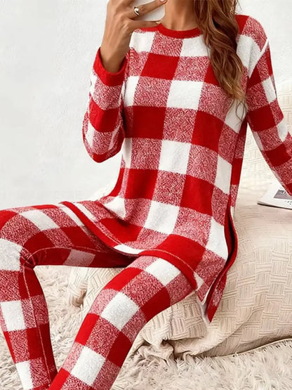 Kvinnors jul röd platt Print Casual Två-stycke kostym