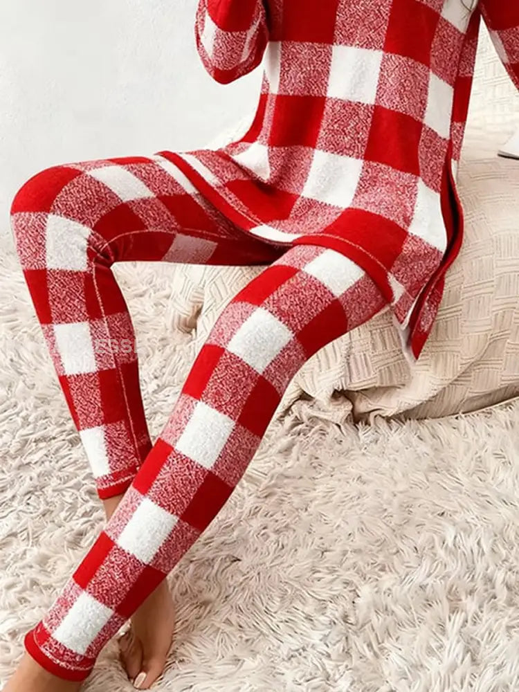 Kvinnors jul röd platt Print Casual Två-stycke kostym