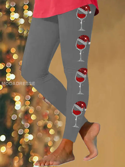 Kvinnors jul Rött vin Glas Skriv ut Casual Leggings grå / S