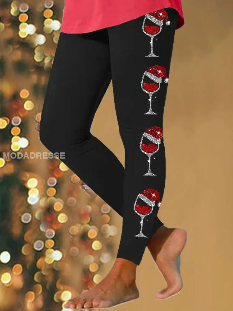 Kvinnors jul Rött vin Glas Skriv ut Casual Leggings svart / S
