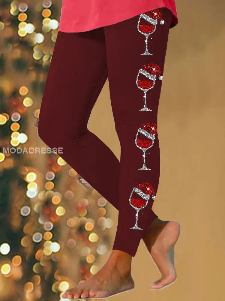 Kvinnors jul Rött vin Glas Skriv ut Casual Leggings vinröd / S