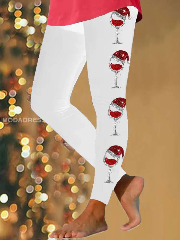 Kvinnors jul Rött vin Glas Skriv ut Casual Leggings vit / S