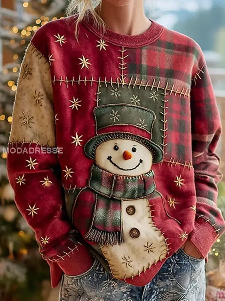 Kvinnors jul snögubbe med plaid patchwork konst sweathirt som bild / S