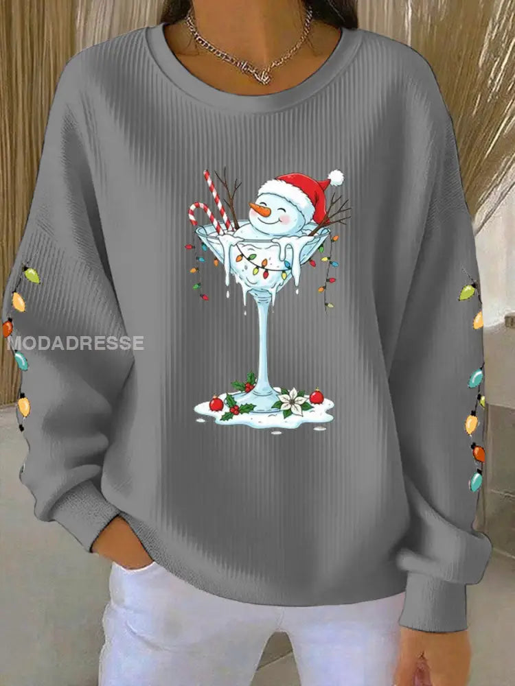 Kvinnors jul snögubbe print Ribbed Round-Hack Sweatshirt grå / S