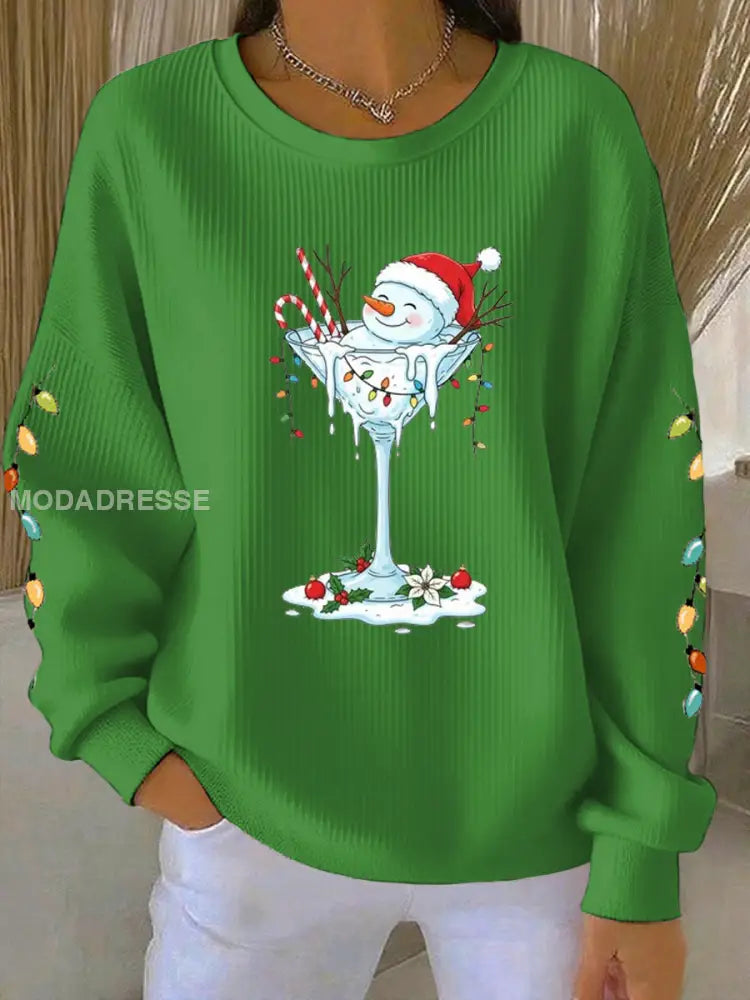 Kvinnors jul snögubbe print Ribbed Round-Hack Sweatshirt grön / S