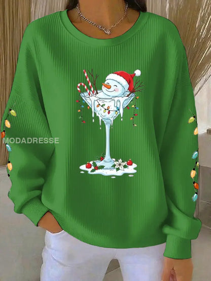 Kvinnors jul snögubbe print Ribbed Round-Hack Sweatshirt grön / S