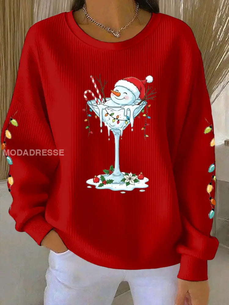Kvinnors jul snögubbe print Ribbed Round-Hack Sweatshirt röd / S