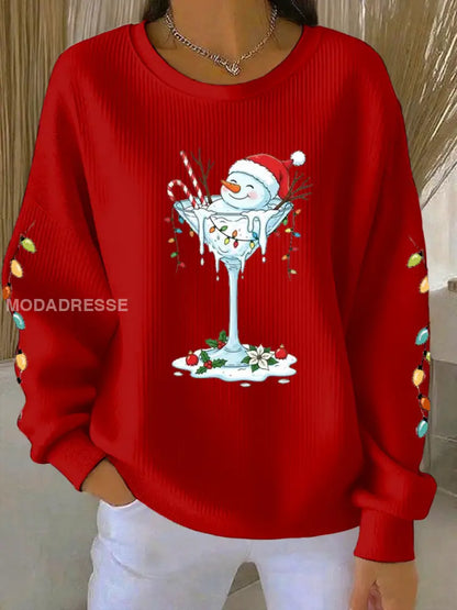 Kvinnors jul snögubbe print Ribbed Round-Hack Sweatshirt röd / S