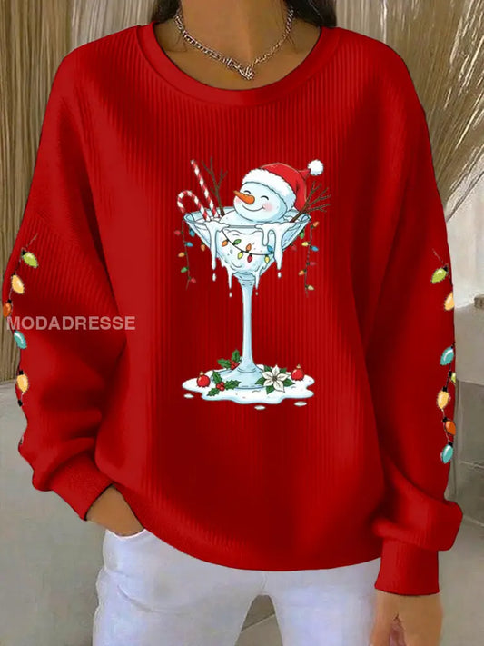 Kvinnors jul snögubbe print Ribbed Round-Hack Sweatshirt röd / S