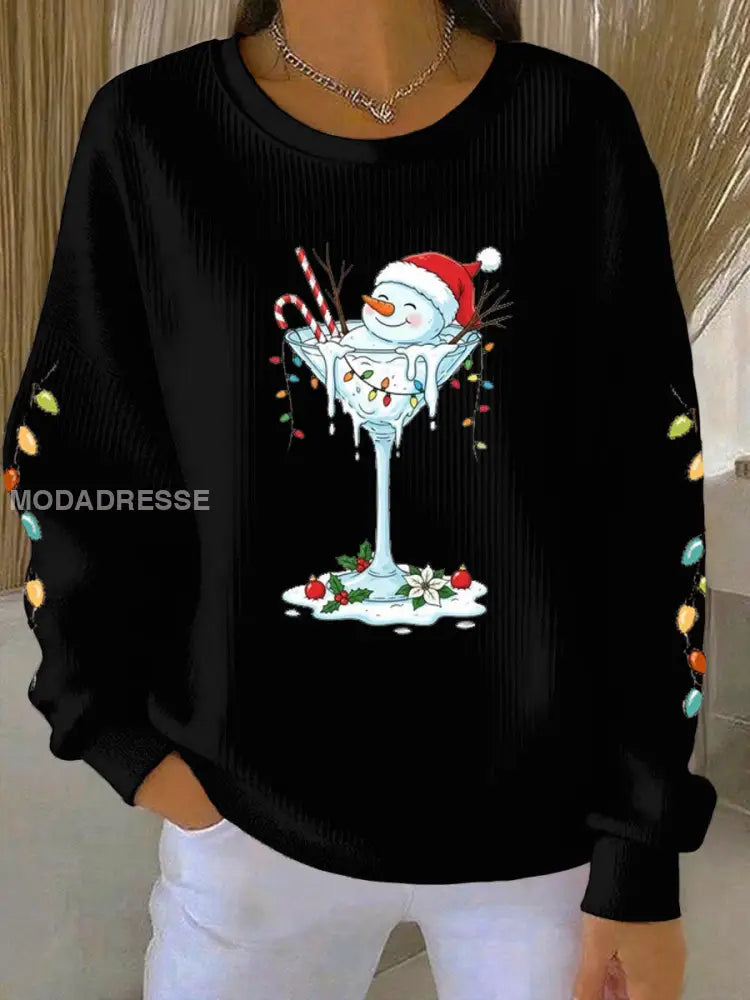 Kvinnors jul snögubbe print Ribbed Round-Hack Sweatshirt svart / S