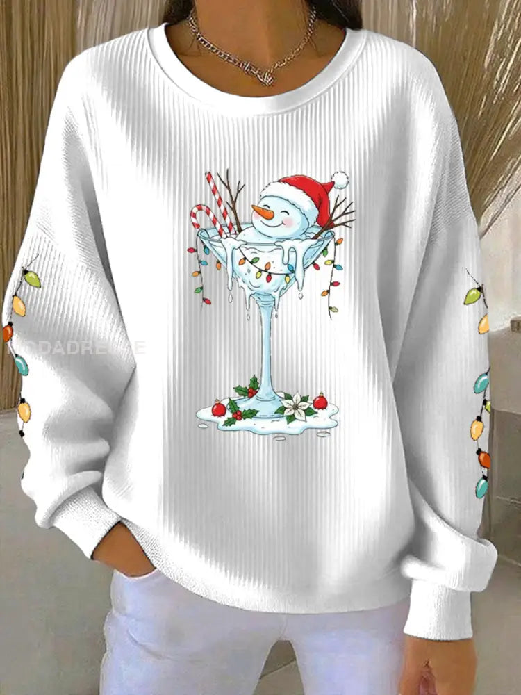 Kvinnors jul snögubbe print Ribbed Round-Hack Sweatshirt vitt / S