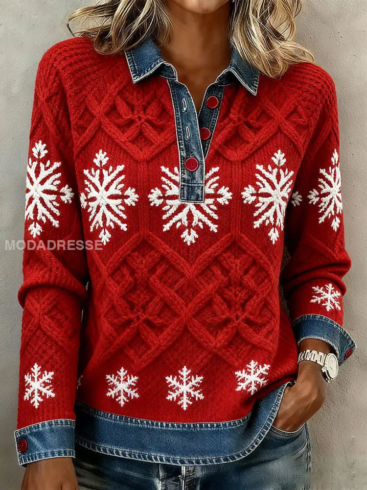 Kvinnors jul Snowflake Geometriska topp röd / S