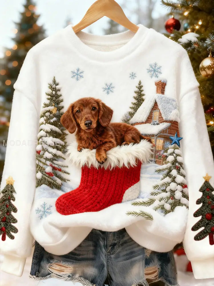 Kvinnors jul söt och roligt hund mönster Flannel Hoodie Flannel vitt / S