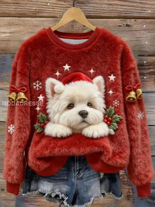 Kvinnors jul söta hund konst Flannel Hoodie. röd / S