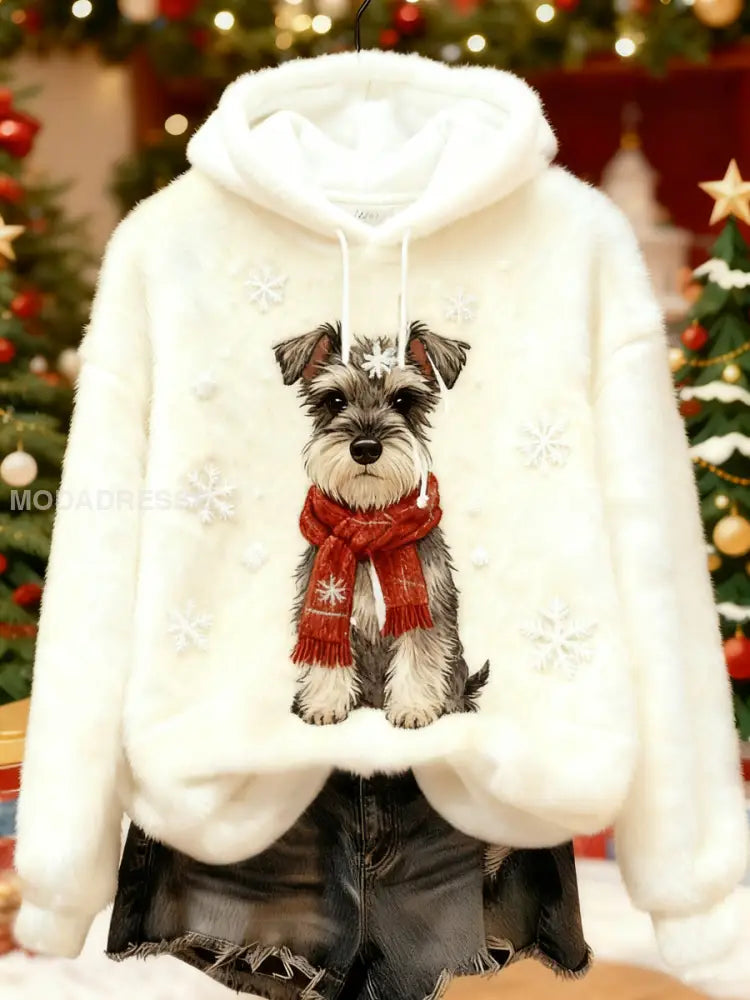 Kvinnors jul söta hund Print Casual Flannel Hoodie Flannel kränk-vitt / S