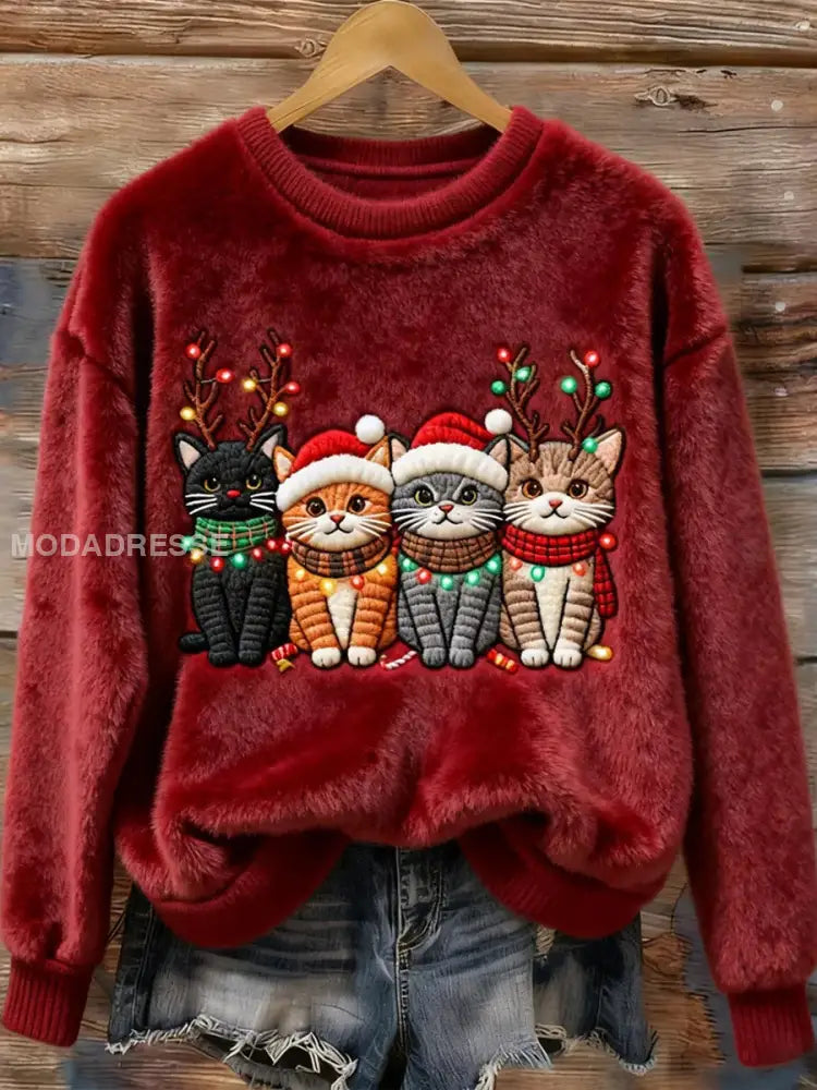 Kvinnors jul söta katter Flannel Sweatshirt djupröd / S