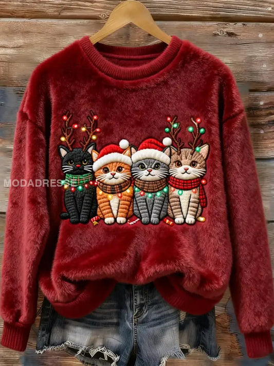 Kvinnors jul söta katter Flannel Sweatshirt djupröd / S
