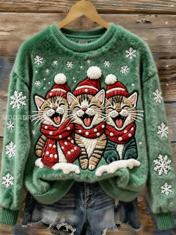 Kvinnors jul söta katter Flannel Sweatshirt grönt / S
