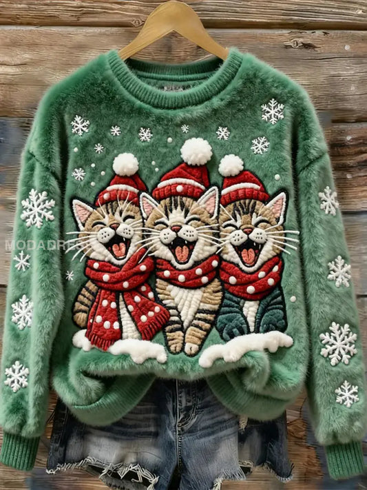 Kvinnors jul söta katter Flannel Sweatshirt grönt / S