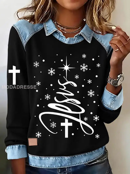 Kvinnors jul tro kors Print Casual Long Slem Sweatshirt svart / S