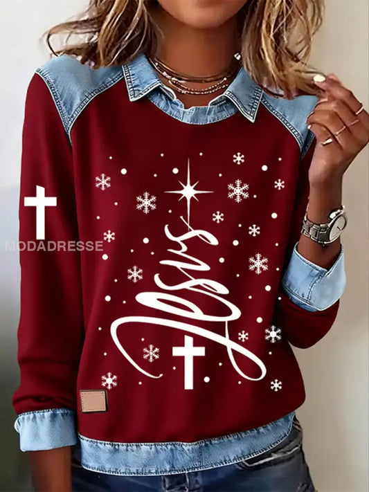 Kvinnors jul tro kors Print Casual Long Slem Sweatshirt vinröd / S
