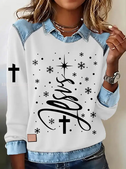 Kvinnors jul tro kors Print Casual Long Slem Sweatshirt vit / S