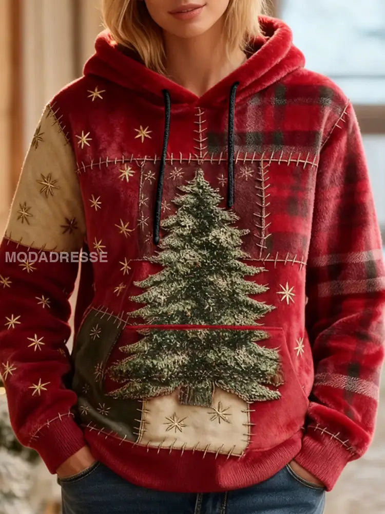 Kvinnors julgran konst Flannel Hoodie Konst röd / S