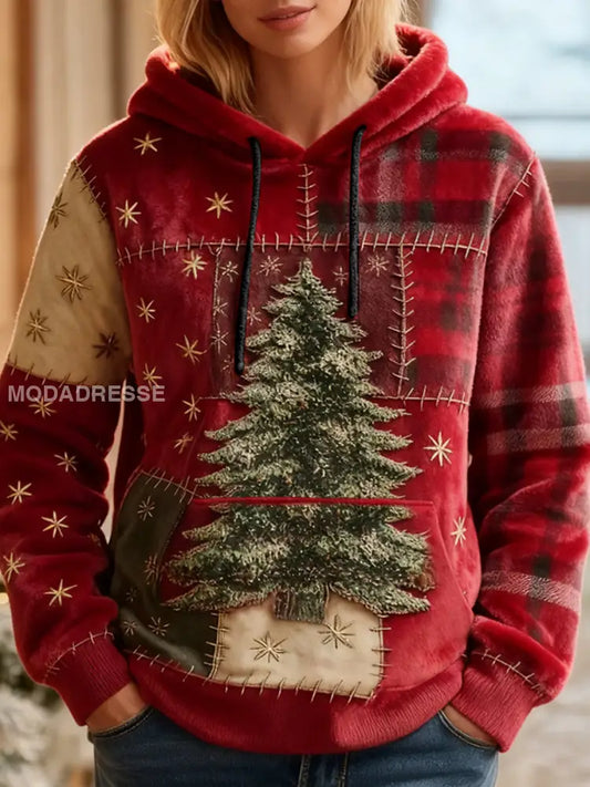 Kvinnors julgran konst Flannel Hoodie Konst röd / S