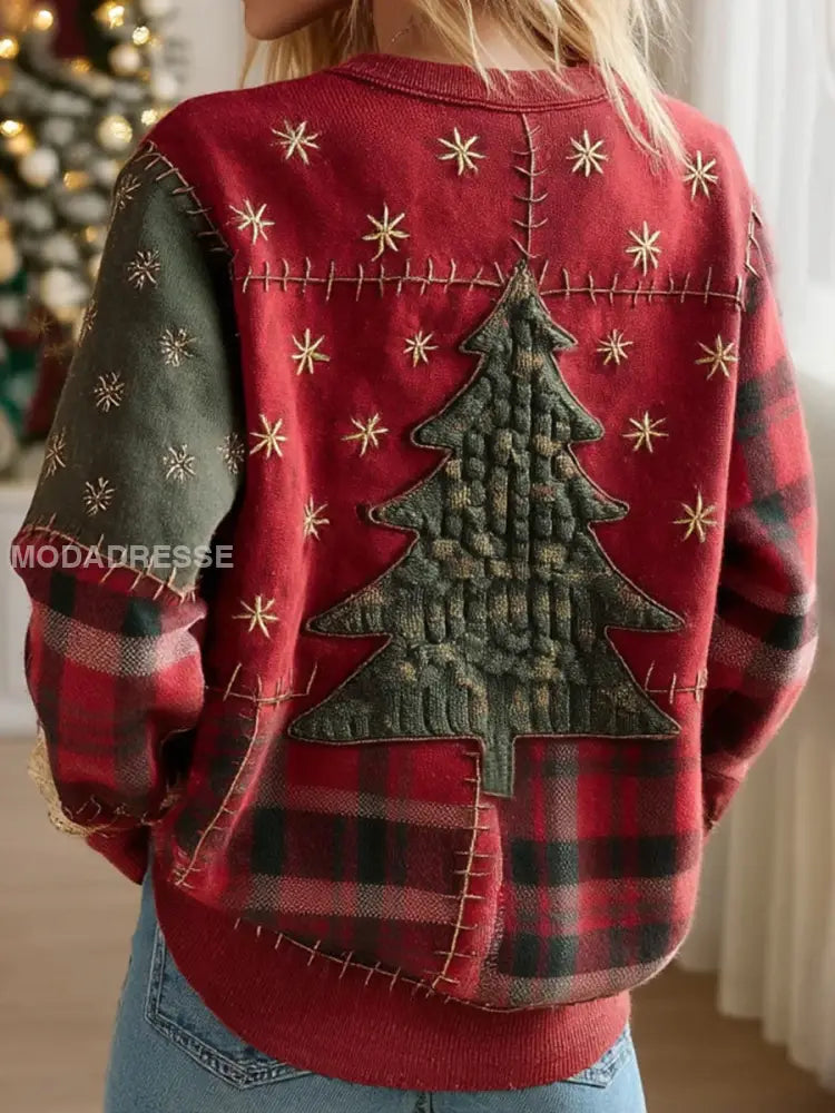 Kvinnors julgran med plaid patchwork konst sweathirt som bild / S