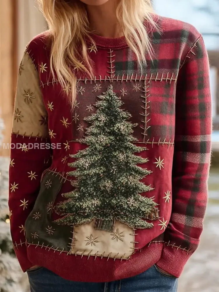 Kvinnors julgran med plaid patchwork konst sweathirt som bild / S